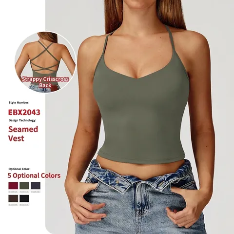 Damen Yoga Weste Naked Feel Nylon Spandex Kreuzrücken V Ausschnitt Sport Tank Top Für Fitness Laufen Gym