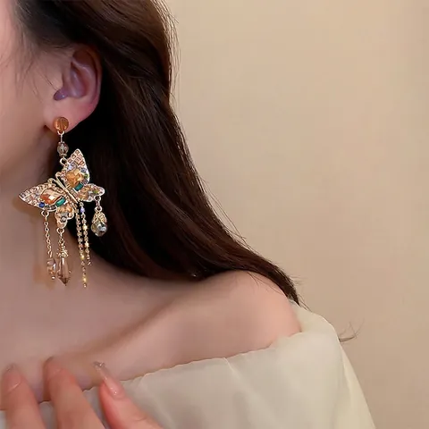Orecchini Pendenti A Nappa Farfalla E Perno In Argento Sterling 925 Lega Cristallo Colorato Strass Stile Boho Vintage Donne
