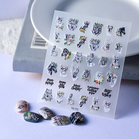 Autocollants À Ongles Animaux En Relief 5D Avec Motif Fleur Zèbre Loup Cerf Fête Noël Nouvel An Décoration Manucure DIY
