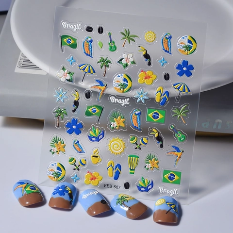 5D Geprägte Nagelkunst Aufkleber Brasilien Tropisches Thema Flagge Papagei Palme Blume Wasserdicht Selbstklebend Dekor