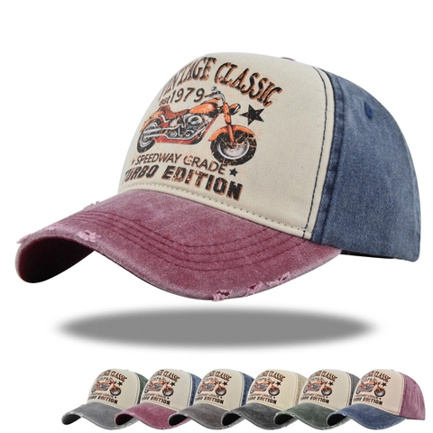 Vintage Baseballkappe 100% Baumwolle Distressed Abgenutzter Rand Motorraddruck Verstellbar Sonnenschutz Outdoor Retro Hut