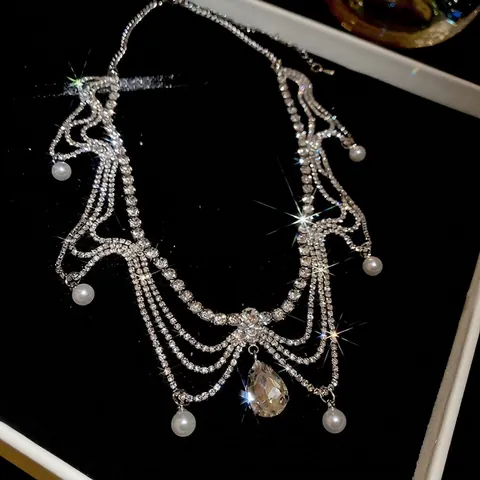 Multi Layer Strass Franje Choker Ketting Met Imitatie Kunstparel En Waterdruppel Kristal Voor Dames Elegant Feest