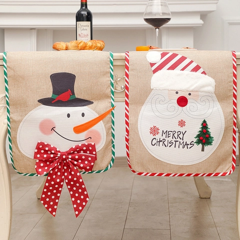 Christmas Table Runner Faux Burlap Linen Snowman Santa Claus 3D Bow Striped Border Festive Dining Home Decor