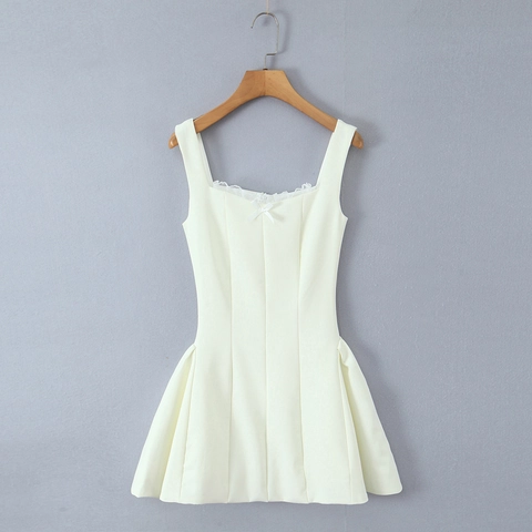 Damen Minikleid Spitze Schleife Ärmellos Camisole Hohe Taille A-Linie Herzausschnitt Französischer Stil Elegant Einfarbig