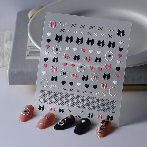 5D Embossed Nail Stickers Sweet Cool Bowknot Heart Poker Koi Design Self Adhesive 3D Manicure Nail Art Decor For Women