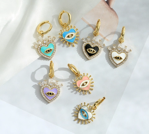 Hart Boze Oog Hoop Oorbellen Messing AAA Zirkon 18K Verguld Kleurrijk Emaille Boheemse Retro Mode Huggie Oorbellen