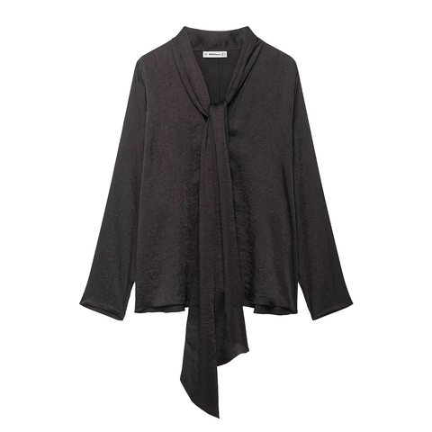 Blusa Elegante de Satén Plisado para Mujer Con Lazo al Cuello Camisa de Manga Larga Ajustada Color Gris Oscuro