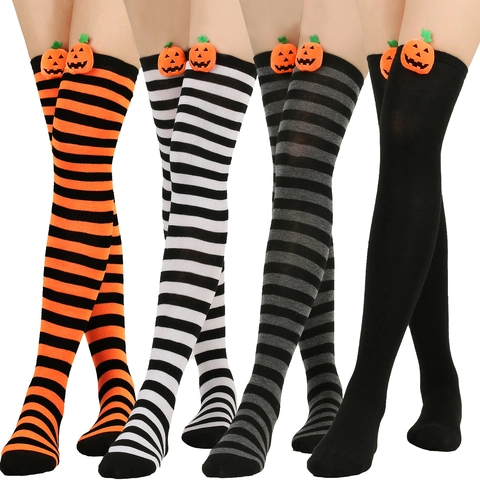 Halloween Over The Knee Socks Women Striped Thigh High Stockings With 3D Pumpkin Decor Polyester Knit Cosplay Novelty