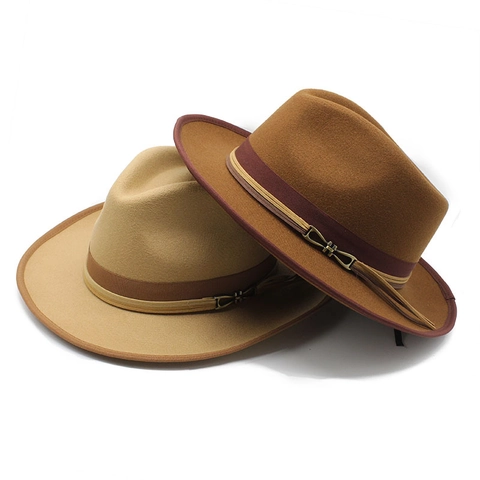 Vintage Woolen Felt Fedora Hat Wide Brim British Style Jazz Cap For Men Women Autumn Winter Decoration Buckle Belt
