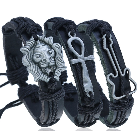 Woven Bracelet Genuine Leather Alloy Charms Guitar Lion Head Cross Ankh Adjustable Retro Punk Jewelry For Men Hand Accessory