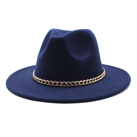 Klassieke Fedora Hoed Katoen Polyester Mix Brede Rand Gouden Metalen Ketting Decoratie Retro Jazz Pet