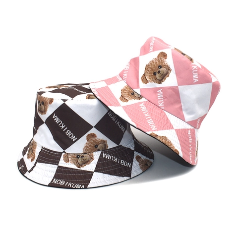 Checkerboard Bucket Hat Cartoon Bear Print Polyester Sun Protection Foldable Outdoor Casual Fisherman Cap For Women
