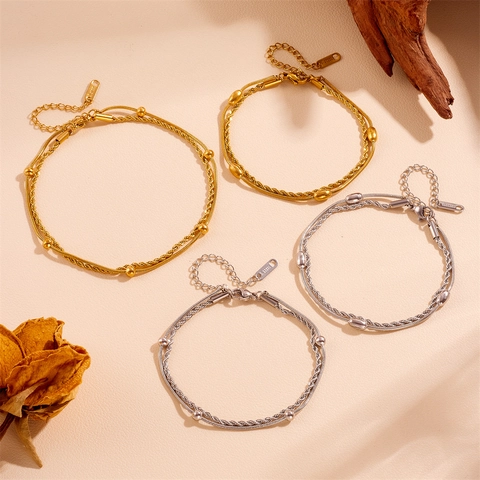 Double Layer Stainless Steel Bracelet With Twisted Rope And Snake Chain Metallic Beads Adjustable Jewelry For Women