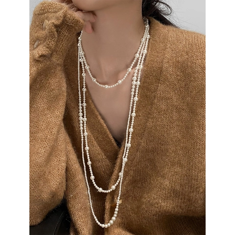 Long Collier De Künstliche Perles Élégant Géométrique Imitation Künstliche Perle Multi Couches Chaîne De Pull Bijoux Pour Femmes Blanc Or