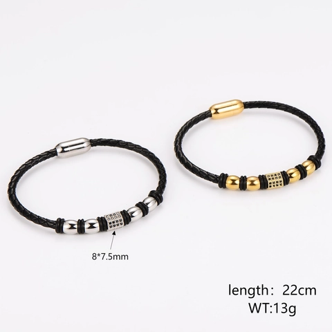 Pulsera De Cuero Trenzado Acero Inoxidable 304 Cierre Magnético Circonita Colgante Cuadrado Joyería Hombre Vintage