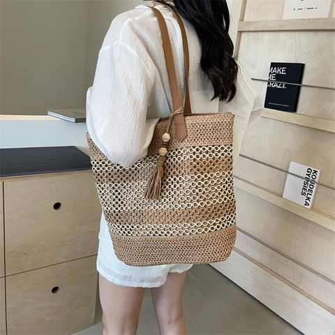 Sac Cabas En Paille Tissé Pour Femmes Sac À Épaule Rayé Évidé Avec Gland Et Bretelles En Cuir PU Style Vacances Plage
