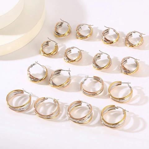 Tricolor Hoop Earrings Interlocking Intertwined Stainless Steel Gold Silver Rose Gold Geometric Jewelry For Women