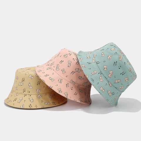 Chapeau Bob En Toile De Coton Réversible Double Face Chapeau De Soleil Protection UV Large Bord Broderie Ours Dessin Animé
