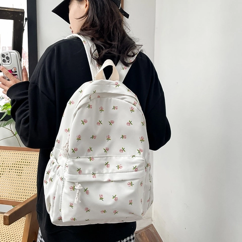 Zaino Con Stampa Floreale Nylon Stile Coreano Ins Borsa Da Scuola Per Donne Ragazze Motivo Tulipano Impermeabile Casual