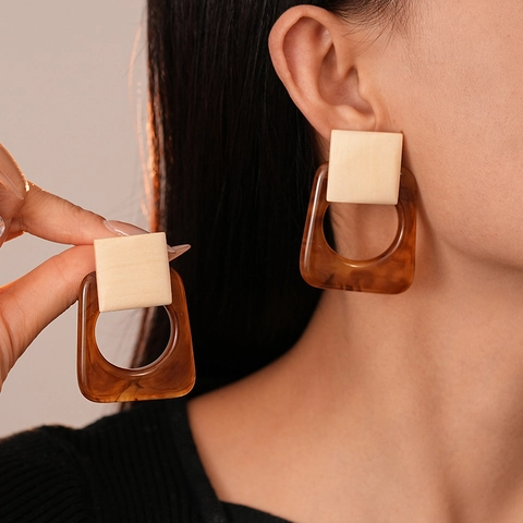 Geometric Drop Earrings With Wood And Resin Amber Tortoiseshell Pattern 925 Sterling Silver Earring Post Vintage Style