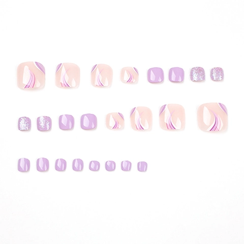 Purple Glitter Wave Line Press On Toe Nails Wearable Glossy Artificial Toenails For Women Foot Decoration