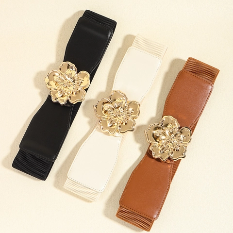 Women Wide Elastic Corset Belt With Large Gold Metal Flower Buckle PU Leather Stretch Waistband For Dresses Elegant