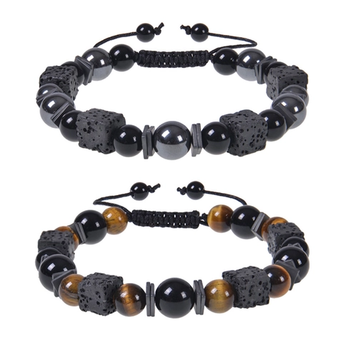 Natural Tiger Eye Stone Bracelet Men Black Obsidian Square Lava Rock Beads Adjustable Braided Rope Diffuser Jewelry