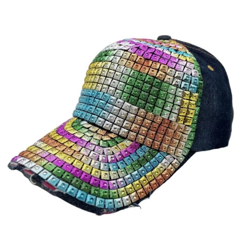 Women Denim Baseball Cap Rainbow Square Rhinestones Distressed Vintage Bling Sun Hat Adjustable Outdoor