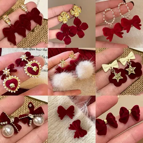 Schleife Herz Blume Ohrringe Mit 925 Sterling Silber Ohrstecker Beflockung Samt Kunstperle Strass Retro Damen