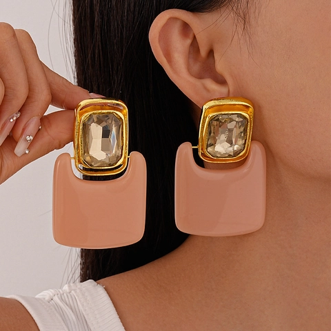Geometric Square Drop Earrings With Resin Rhinestone Alloy And Silver Earring Post Vintage Exaggerated Style Women Jewelry