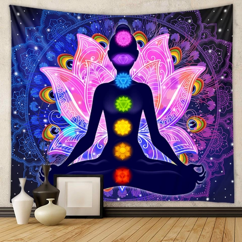 Yoga Meditation Tapestry Seven Chakra Mandala Lotus Flower Wall Hanging Polyester Zen Home Decor Bohemian Backdrop