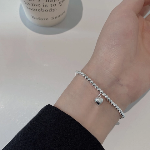 Pulsera de Cuentas de Plata de Ley 925 para Mujer Pulsera con Colgante de Corazón Minimalista Cadena Ajustable Joyería de Moda Tono Plateado