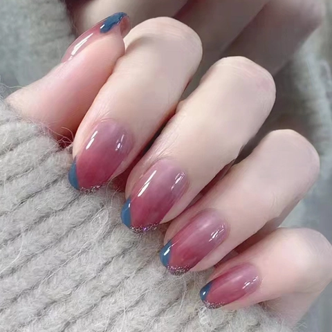 Press On Nails Ombre Weinrot Blau Kontrast Silber Glitzer Glänzend Künstliche Nägel Abnehmbar Elegant Für Frauen