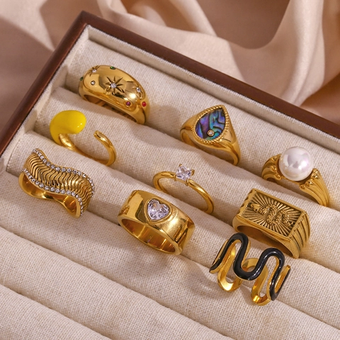 18K Gold Plated Stainless Steel Rings For Women Minimalist Y2K Geometric Snake Star Heart Zircon Enamel Artificial Pearl Jewelry