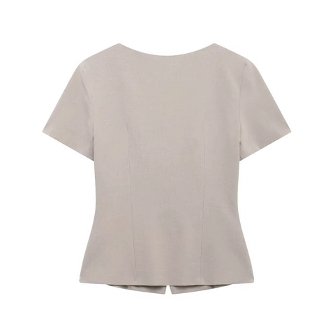 Damen Kurzarm Bluse Quadratischer Ausschnitt Einfarbig Polyester Tailliert Retro Elegant Kurzhemd Top Einreihig