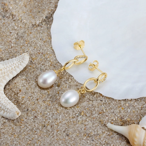14K Gold Plated 925 Sterling Silver Freshwater Pearl Drop Earrings Geometric Double Oval Linked Rings Zirconia Jewelry For Women