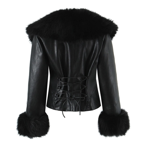 Stijlvolle Dames Zwarte PU Leren Jas Met Kraag En Manchetten Van Nepbont Veterrug Slanke Winterjassen Voor Dames