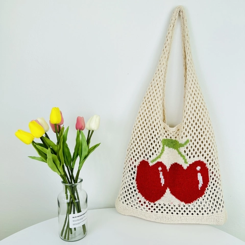 Crochet Tote Bag Knitted Cherry Pattern Hollow Mesh Large Capacity Handmade Style Summer Beach Shopping For Women
