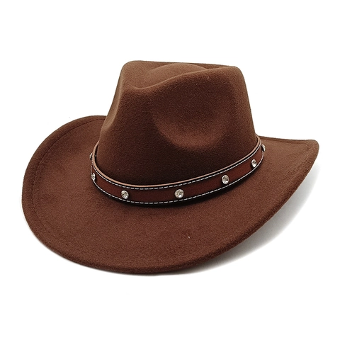 Cappello Da Cowboy Occidentale Cotone Poliestere Tesa Larga Fedora Con Cintura In Pelle Strass Retro Per Uomo Donna