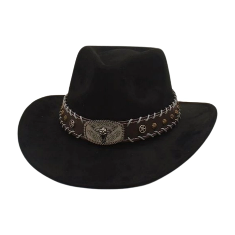Westerse Cowboyhoed Namaaksuède Brede Rand Retro Etnische Stijl Met Bull Head Gesp En Sternieten
