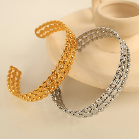 Bracelet Jonc Minimaliste en Acier Titane pour Femmes Texture à Trois Rangées de Points Réglable Plaque Or Argent Bijoux Mode
