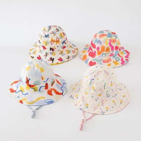 Cappello Da Pescatore Bambini Cotone Traspirante Protezione Solare Corda Antivento Regolabile Stampa Graffiti Fiori Estate