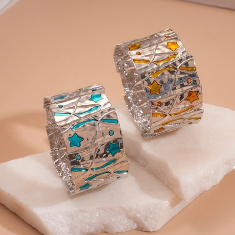Bracciale Elastico Largo In Lega Vintage Con Stella In Smalto Traforata E Strass Gioielli Boho Per Donna