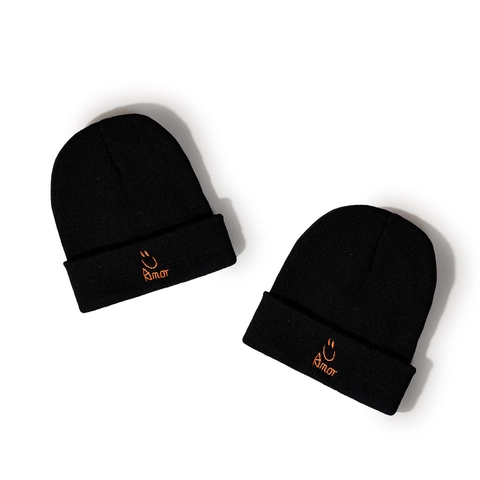 Black Acrylic Knit Beanie Hat With Orange Amor Smiley Face Embroidery Warm Winter Autumn Casual Streetwear For Men Women