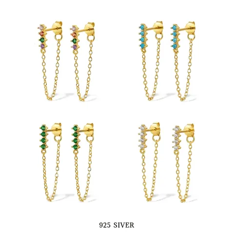 925 Sterling Silver Chain Drop Earrings Micro Pave Zircon Turquoise Geometric Tassel Minimalist Jewelry For Women