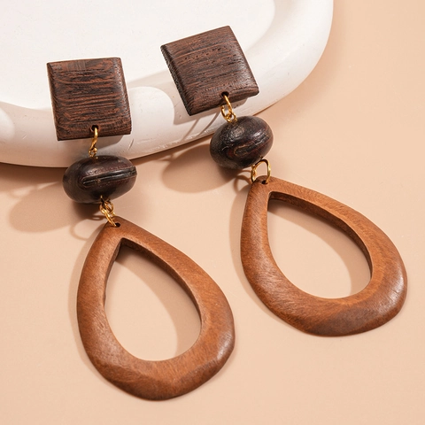 Vintage Wooden Geometric Drop Earrings With 925 Sterling Silver Earring Post Hollow Teardrop Square Boho For Women