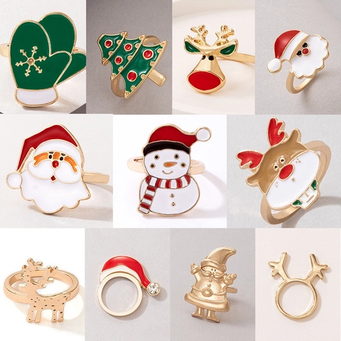 Anillos De Navidad Aleación Esmalte Papá Noel Reno Muñeco De Nieves Árbol Fiesta Moda Dibujos Animados Lindo Ajustable Anillo Abierto