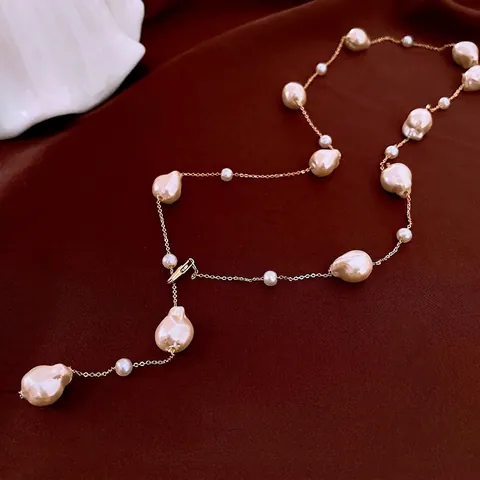 Baroque Irregular Artificial Pearl Necklace Gold Plated Copper Chain French Vintage Long Sweater Chain Fashion Jewelry For Women