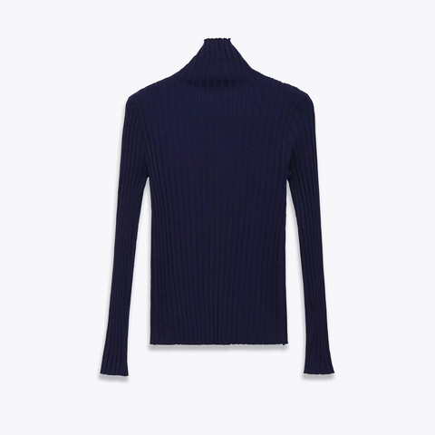 Pull En Tricot Côtelé Pour Femmes Col Roulé Découpe En Goutte D'eau Manches Longues Coupe Slim Top Élégant Bleu Marine