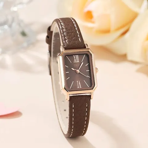 Montre À Quartz Pour Femme Boîtier Rectangulaire Or Rose Bracelet En Cuir Étanche Chiffres Romains Rétro Élégante